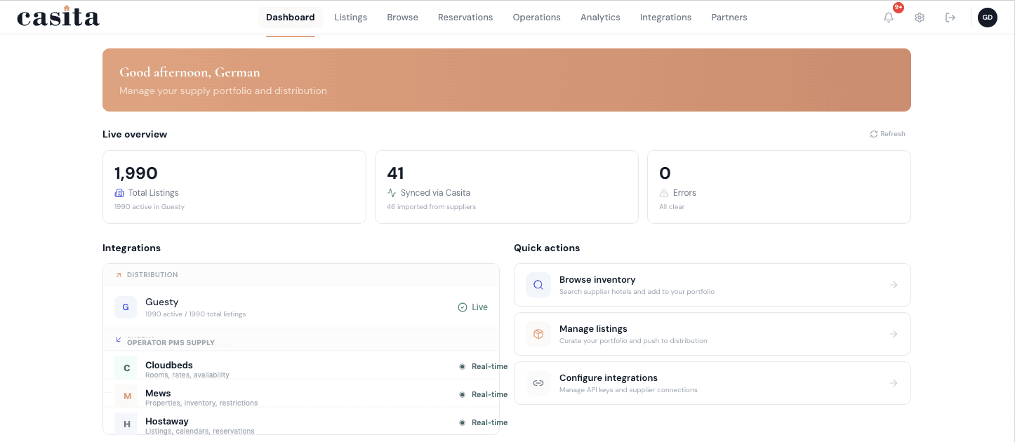 Casita PMS dashboard showing live operator PMS supply and integrations